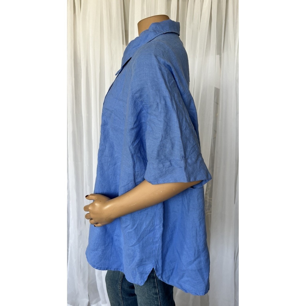 FLAX Linen Shirt Blue Lagenlook Tunic Size L Large NWT Boxy Oversized Collared - Picture 2 of 5